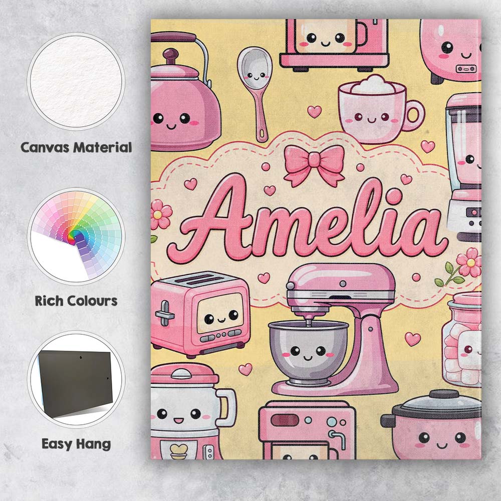 Personalised Name Cute Kawaii Appliances Custom Unique Gift Idea Elegant Feature Canvas Wall Art Print Decor Picture Ready to Hang