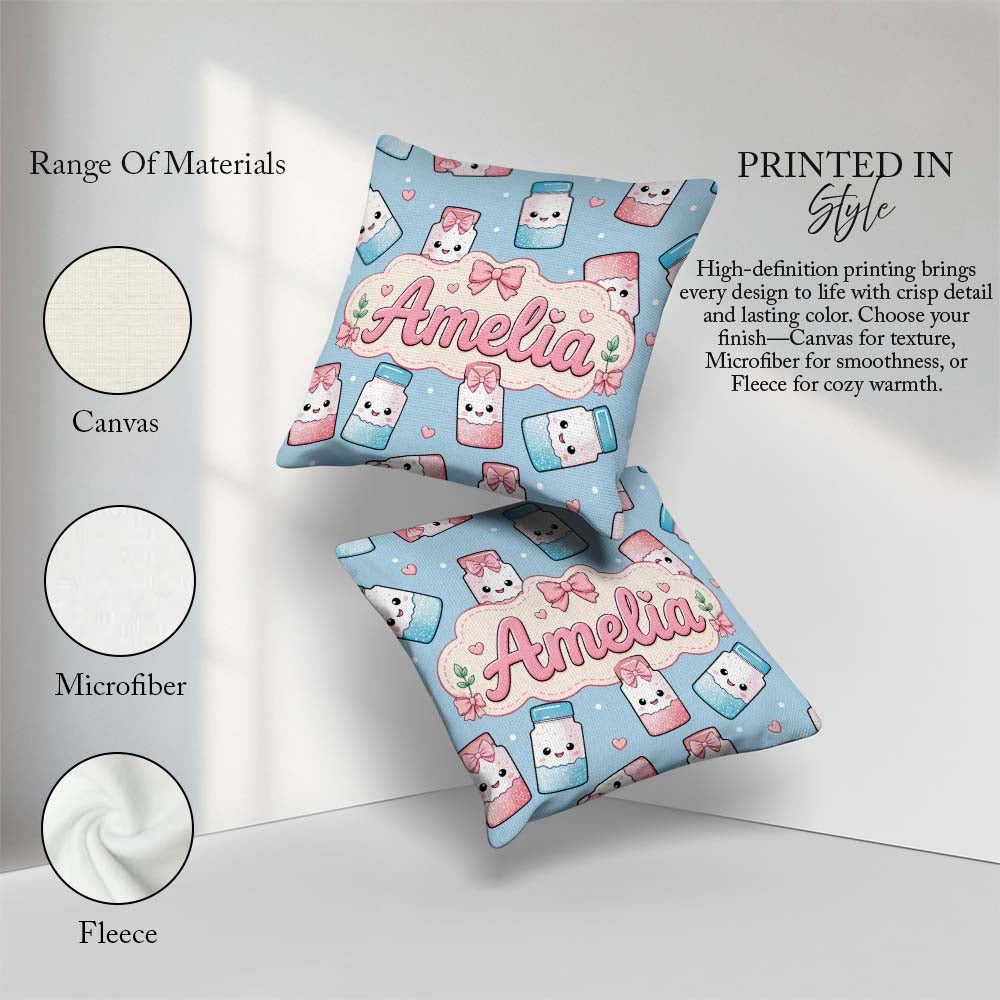 Custom Name Kawaii Sugar Jar Bottles with Glitter Sprinkles Blue Square Filled Cushion Throw Pillow Sofa Bed Home Decor Zip Washable UK Made