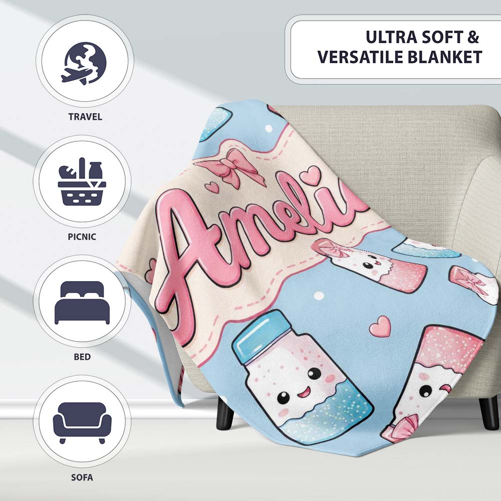 Cute Kawaii Sugar Jar Bottles with Glitter Sprinkles Blue Personalised Custom Name Super Soft Fleece Blanket Bed Sofa Throw