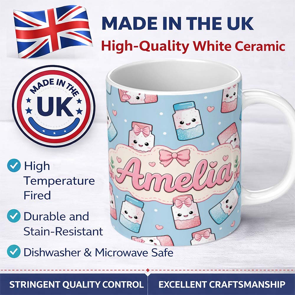 Personalized Custom Name Cute Kawaii Sugar Jar Bottles with Glitter Sprinkles Blue 11oz Ceramic Coffee Tea Mug White Large Handle