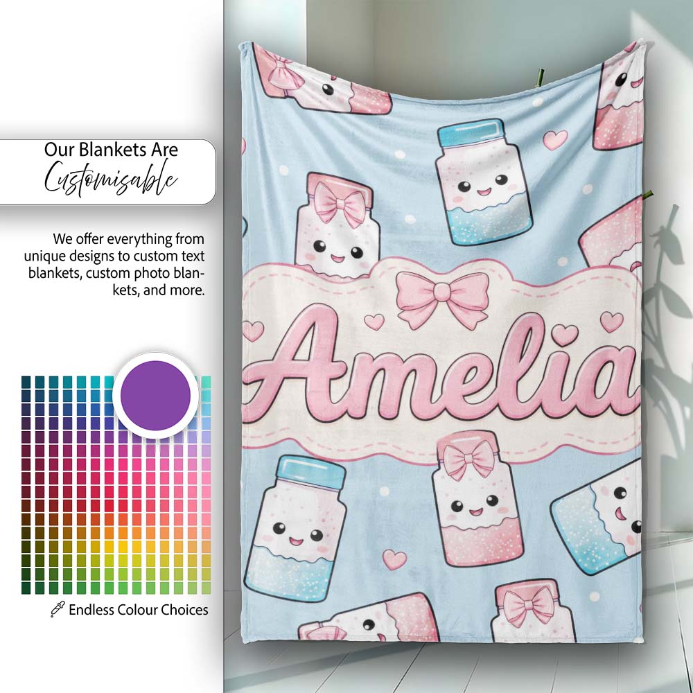 Cute Kawaii Sugar Jar Bottles with Glitter Sprinkles Blue Personalised Custom Name Super Soft Fleece Blanket Bed Sofa Throw