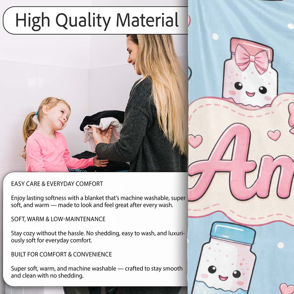Cute Kawaii Sugar Jar Bottles with Glitter Sprinkles Blue Personalised Custom Name Super Soft Fleece Blanket Bed Sofa Throw