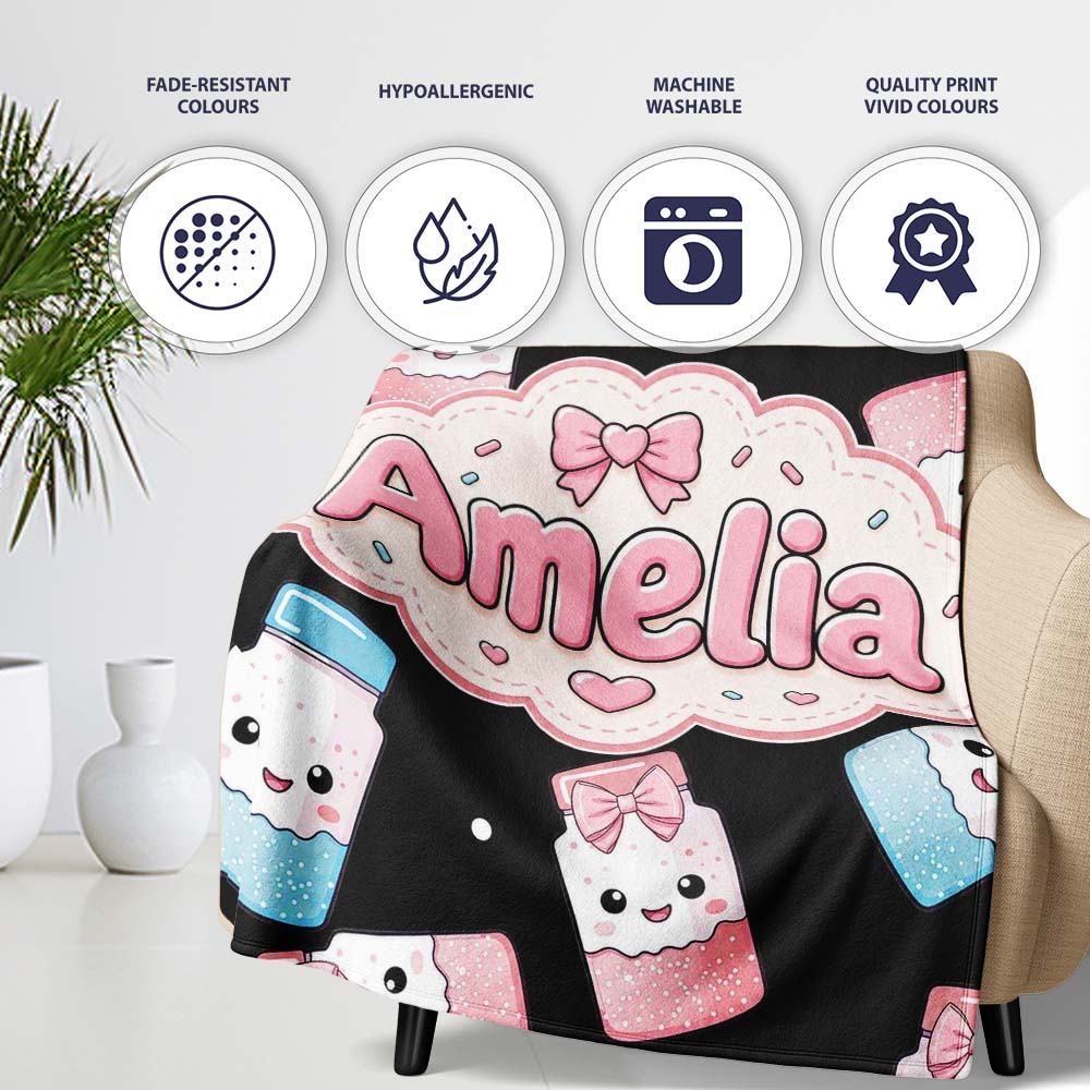 Cute Kawaii Sugar Jar Bottles with Glitter Sprinkles Black Personalised Custom Name Super Soft Fleece Blanket Bed Sofa Throw