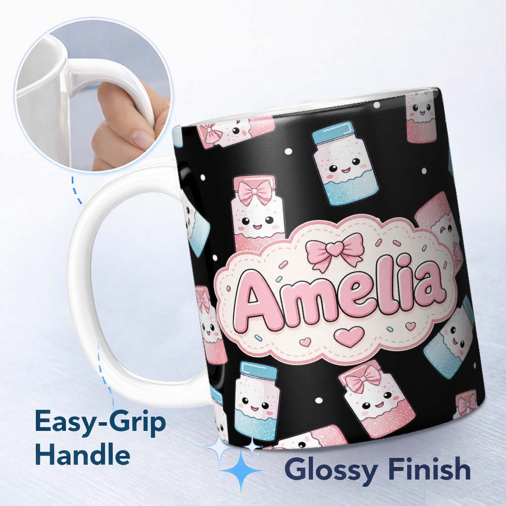 Personalized Custom Name Cute Kawaii Sugar Jar Bottles with Glitter Sprinkles Black 11oz Ceramic Coffee Tea Mug White Large Handle