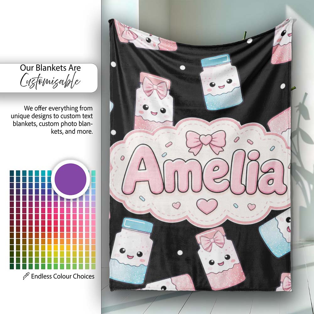 Cute Kawaii Sugar Jar Bottles with Glitter Sprinkles Black Personalised Custom Name Super Soft Fleece Blanket Bed Sofa Throw