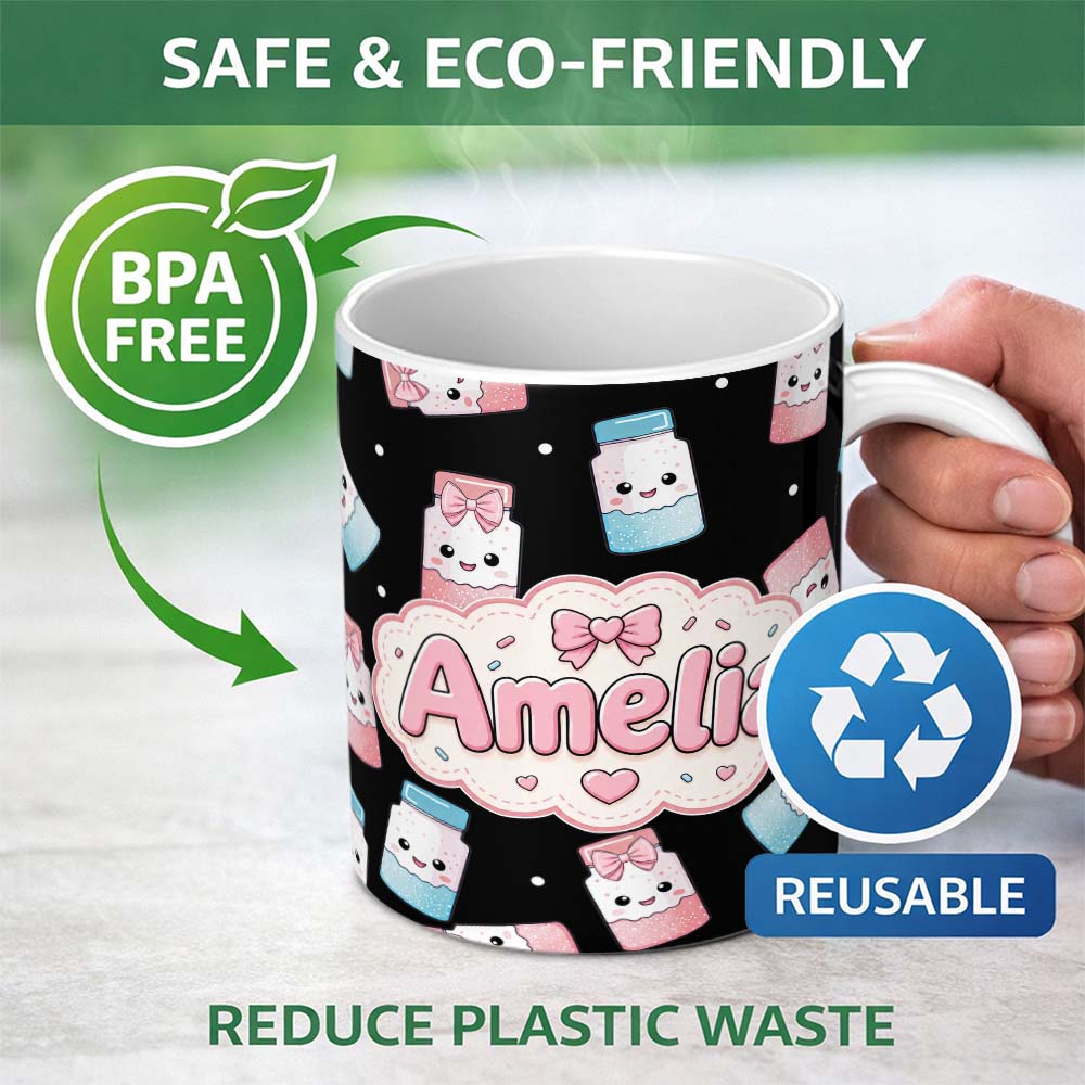 Personalized Custom Name Cute Kawaii Sugar Jar Bottles with Glitter Sprinkles Black 11oz Ceramic Coffee Tea Mug White Large Handle