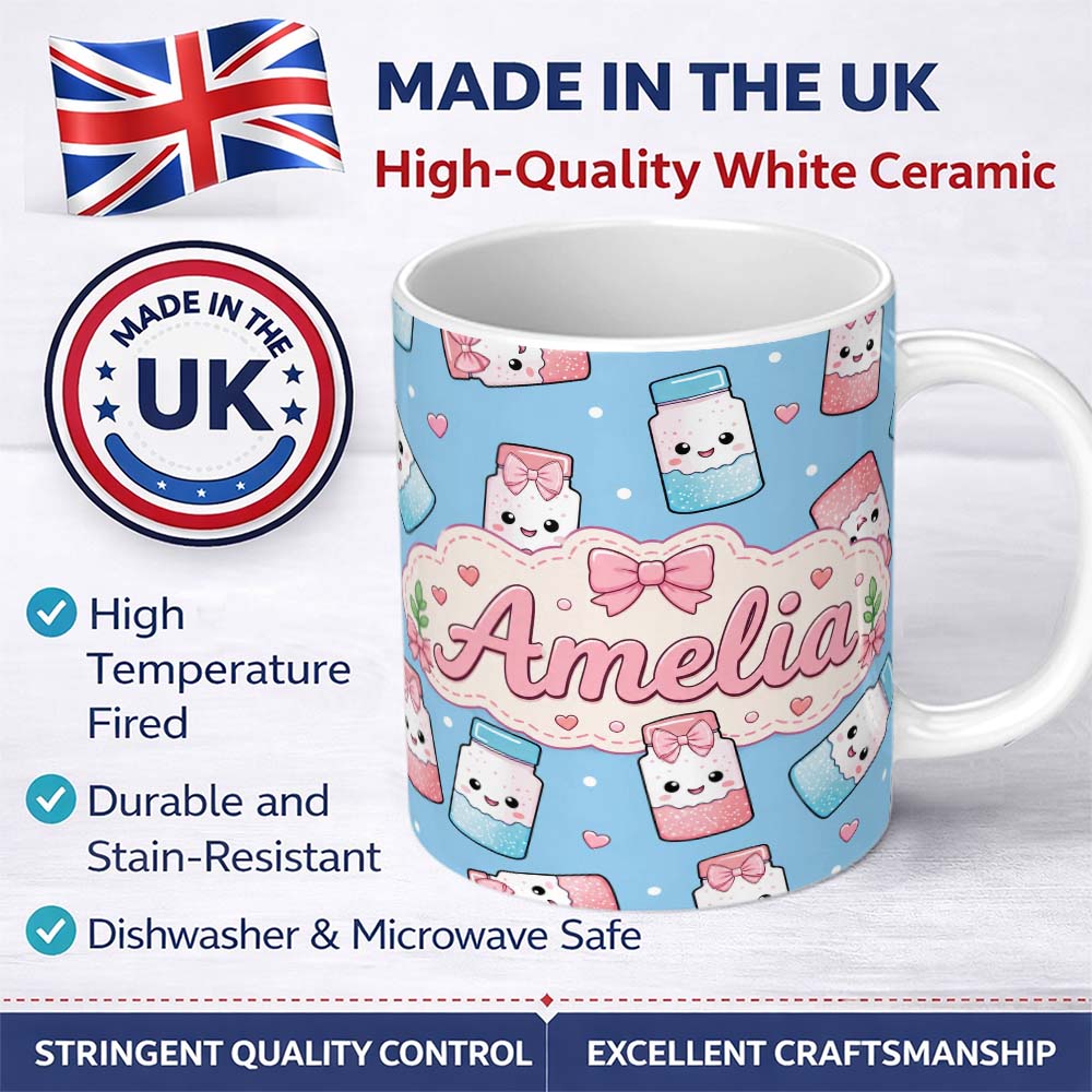 Personalized Custom Name Cute Kawaii Sugar Jar Bottles with Glitter Sprinkles Sky Blue 11oz Ceramic Coffee Tea Mug White Large Handle