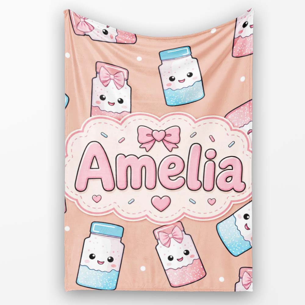 Cute Kawaii Sugar Jar Bottles with Glitter Sprinkles Peach Personalised Custom Name Super Soft Fleece Blanket Bed Sofa Throw