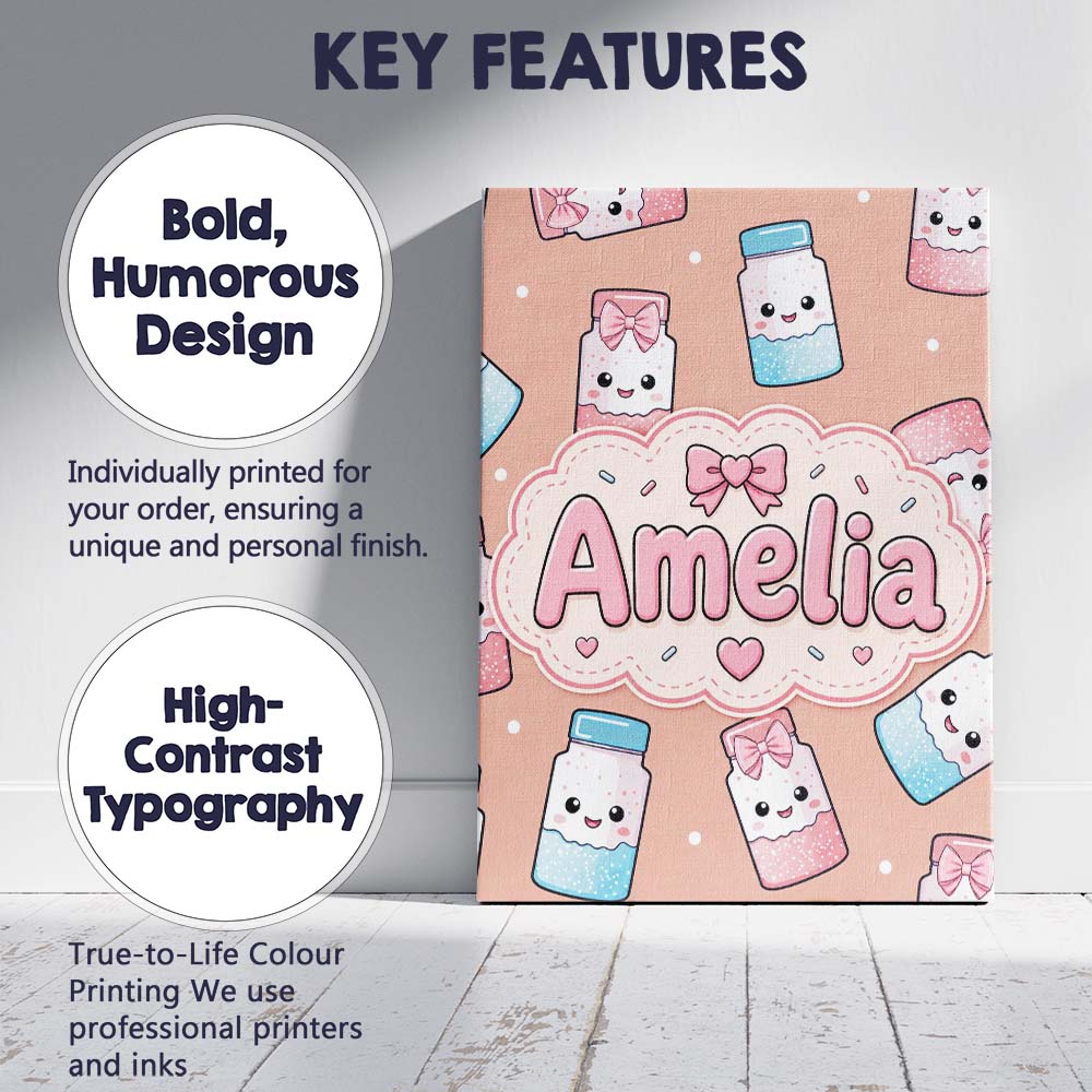 Personalised Name Cute Kawaii Sugar Jar Custom Modern Room Accent Elegant Feature Canvas Wall Art Print Decor Picture Ready to Hang