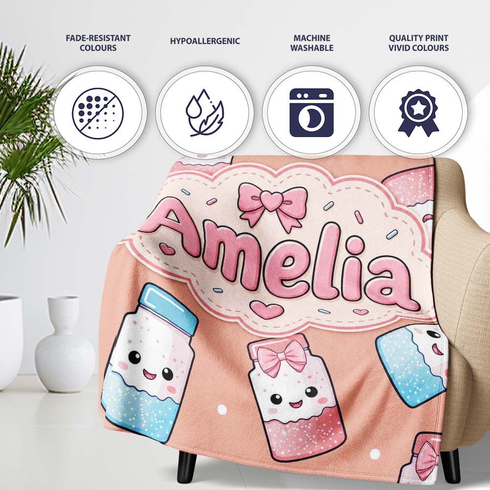 Cute Kawaii Sugar Jar Bottles with Glitter Sprinkles Peach Personalised Custom Name Super Soft Fleece Blanket Bed Sofa Throw