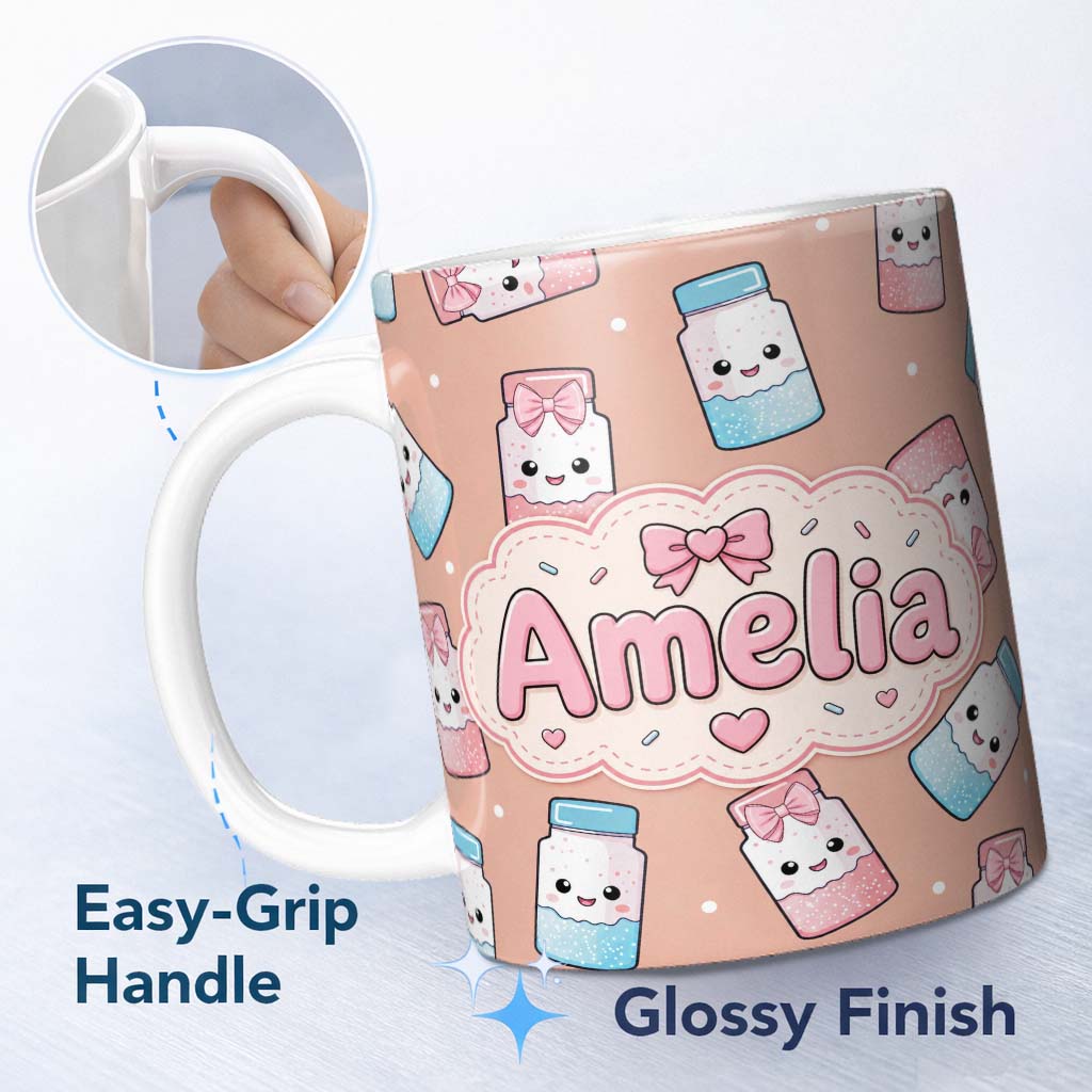 Personalized Custom Name Cute Kawaii Sugar Jar Bottles with Glitter Sprinkles Peach 11oz Ceramic Coffee Tea Mug White Large Handle