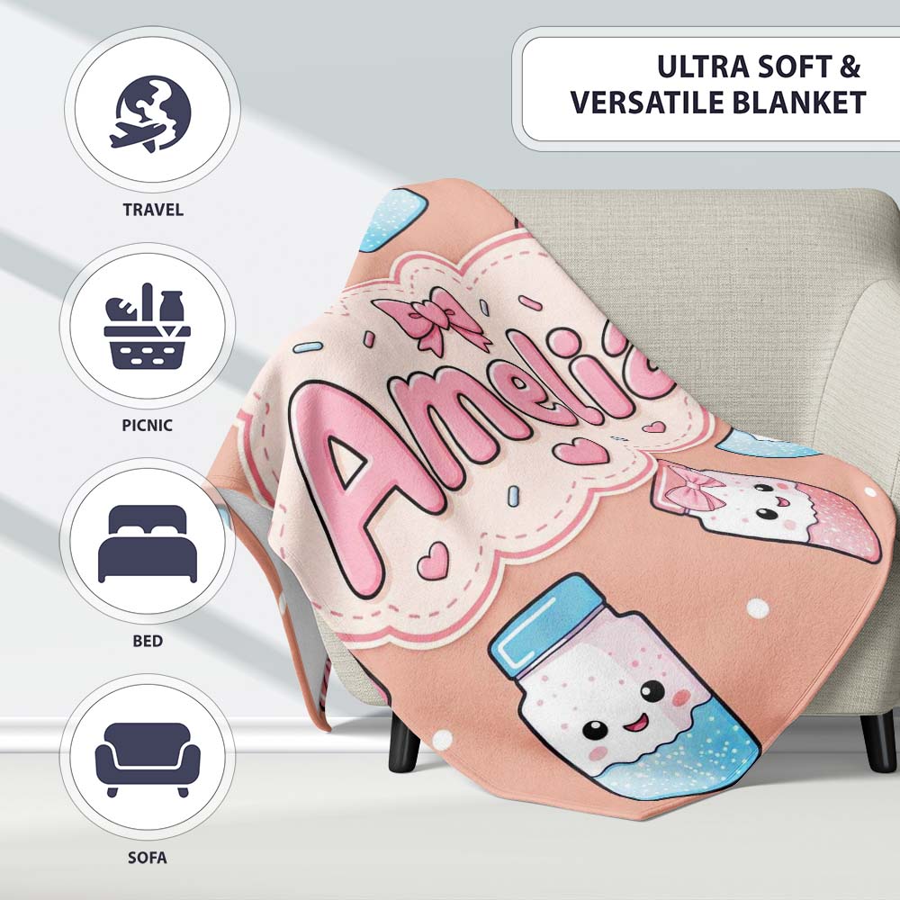 Cute Kawaii Sugar Jar Bottles with Glitter Sprinkles Peach Personalised Custom Name Super Soft Fleece Blanket Bed Sofa Throw