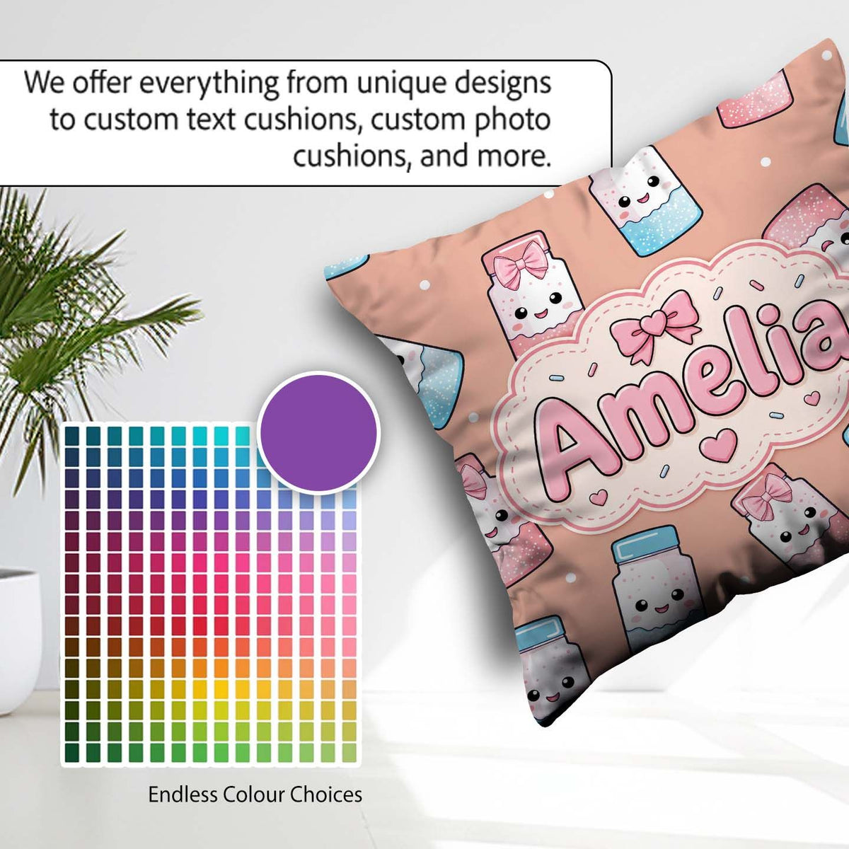Custom Name Cute Kawaii Sugar Jar Bottles with Glitter Sprinkles Square Filled Cushion Throw Pillow Sofa Bed Home Decor Zip Washable UK Made