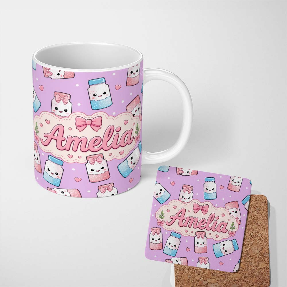 Personalized Custom Name Cute Kawaii Sugar Jar Bottles with Glitter Sprinkles Purple 11oz Ceramic Coffee Tea Mug White Large Handle
