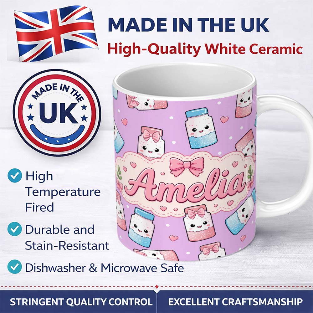 Personalized Custom Name Cute Kawaii Sugar Jar Bottles with Glitter Sprinkles Purple 11oz Ceramic Coffee Tea Mug White Large Handle