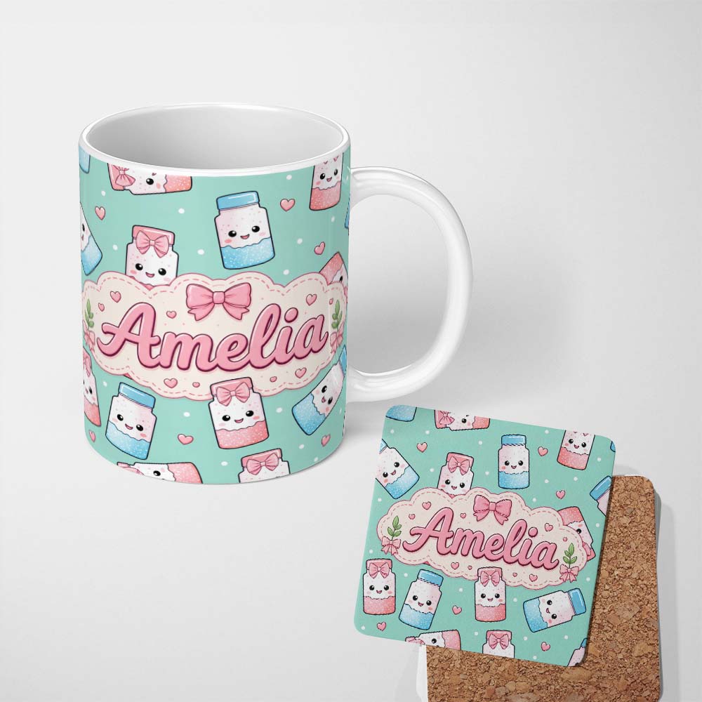 Personalized Custom Name Cute Kawaii Sugar Jar Bottles with Glitter Sprinkles Mint 11oz Ceramic Coffee Tea Mug White Large Handle