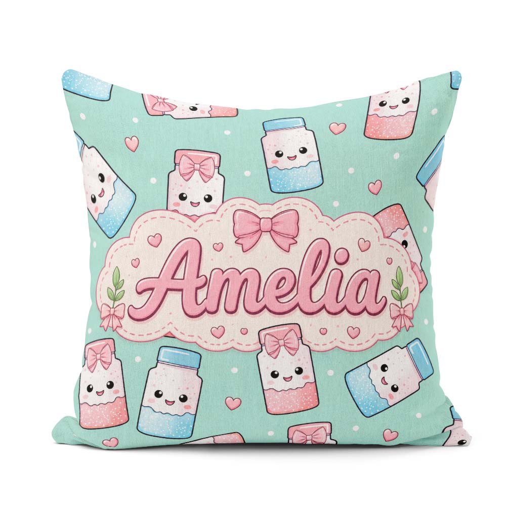 Custom Name Kawaii Sugar Jar Bottles with Glitter Sprinkles Mint Square Filled Cushion Throw Pillow Sofa Bed Home Decor Zip Washable UK Made
