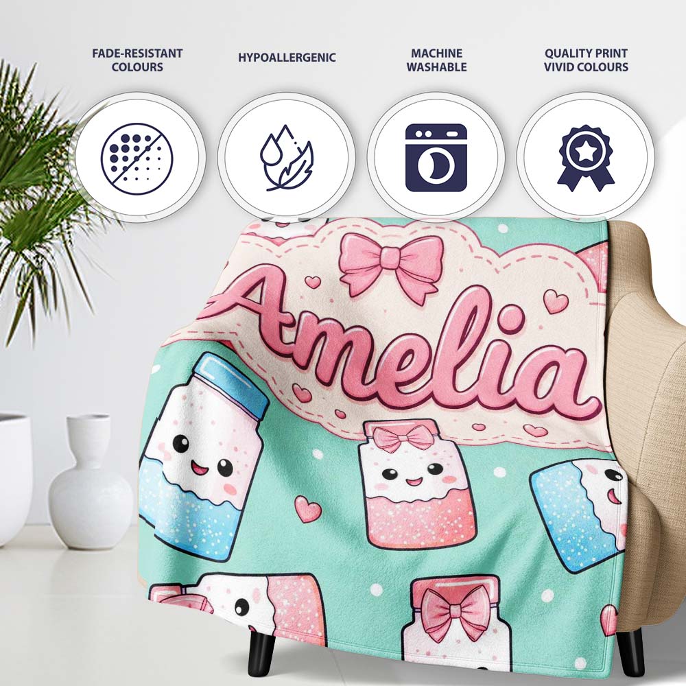 Cute Kawaii Sugar Jar Bottles with Glitter Sprinkles Mint Personalised Custom Name Super Soft Fleece Blanket Bed Sofa Throw