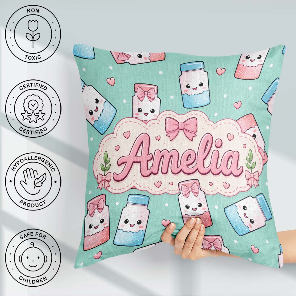 Custom Name Kawaii Sugar Jar Bottles with Glitter Sprinkles Mint Square Filled Cushion Throw Pillow Sofa Bed Home Decor Zip Washable UK Made