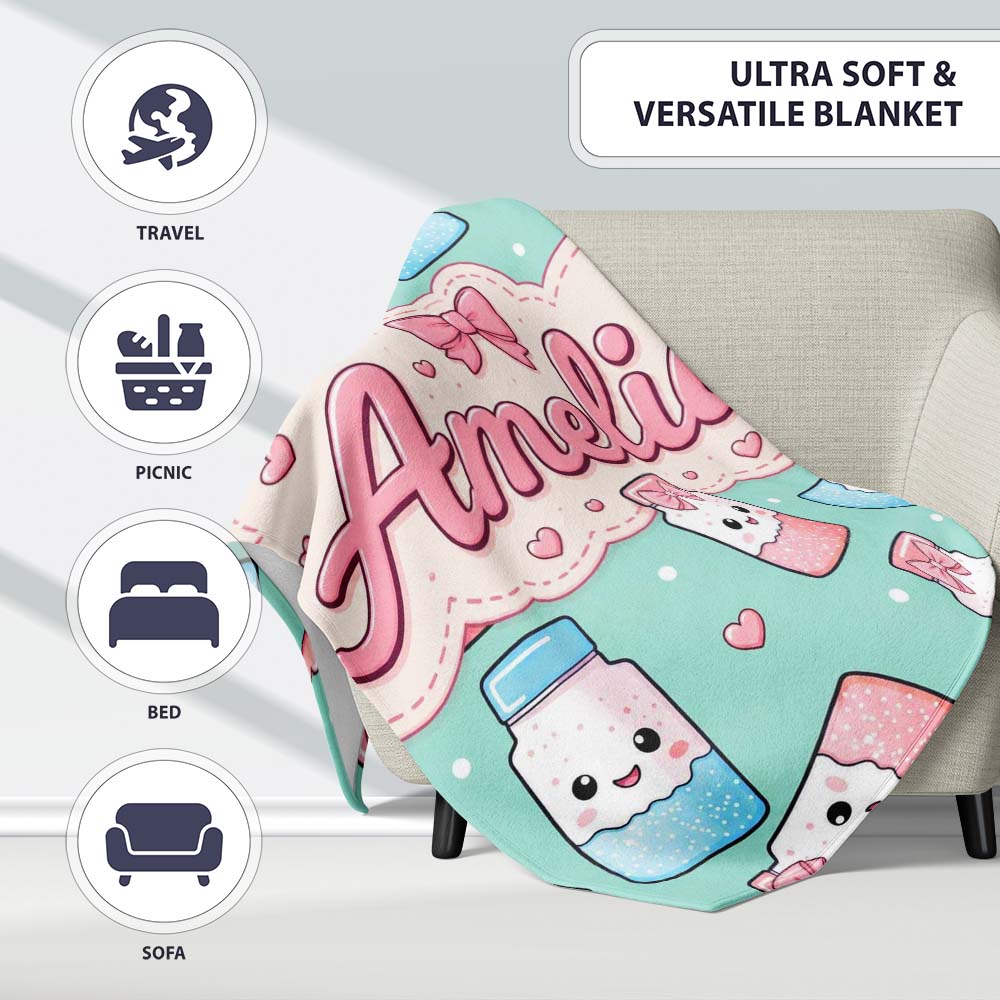 Cute Kawaii Sugar Jar Bottles with Glitter Sprinkles Mint Personalised Custom Name Super Soft Fleece Blanket Bed Sofa Throw