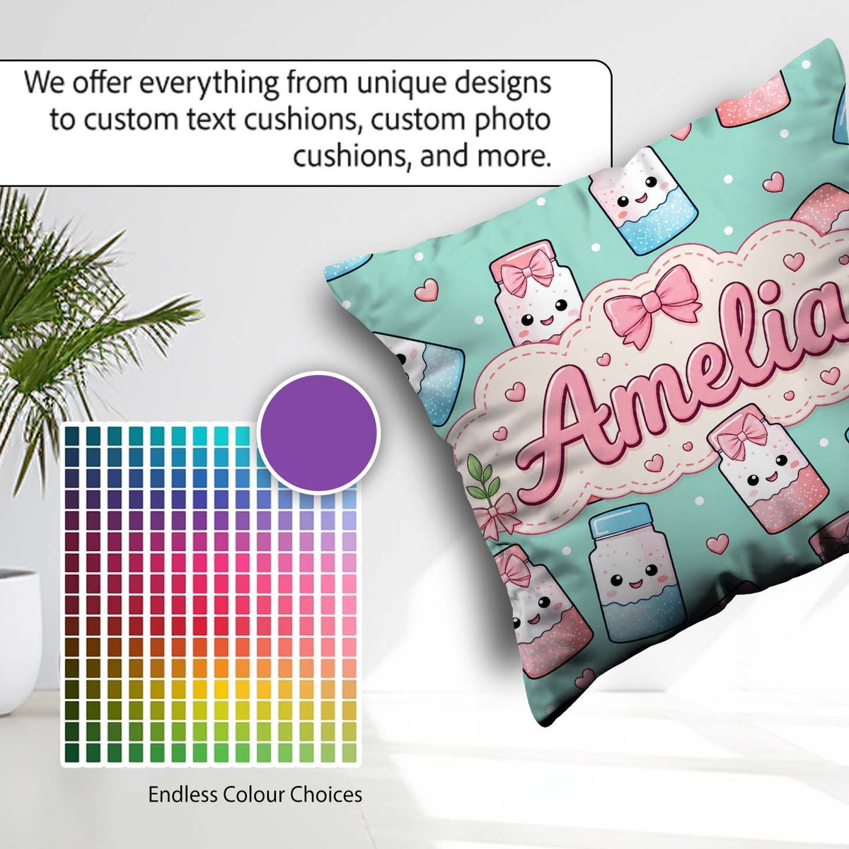 Custom Name Kawaii Sugar Jar Bottles with Glitter Sprinkles Mint Square Filled Cushion Throw Pillow Sofa Bed Home Decor Zip Washable UK Made