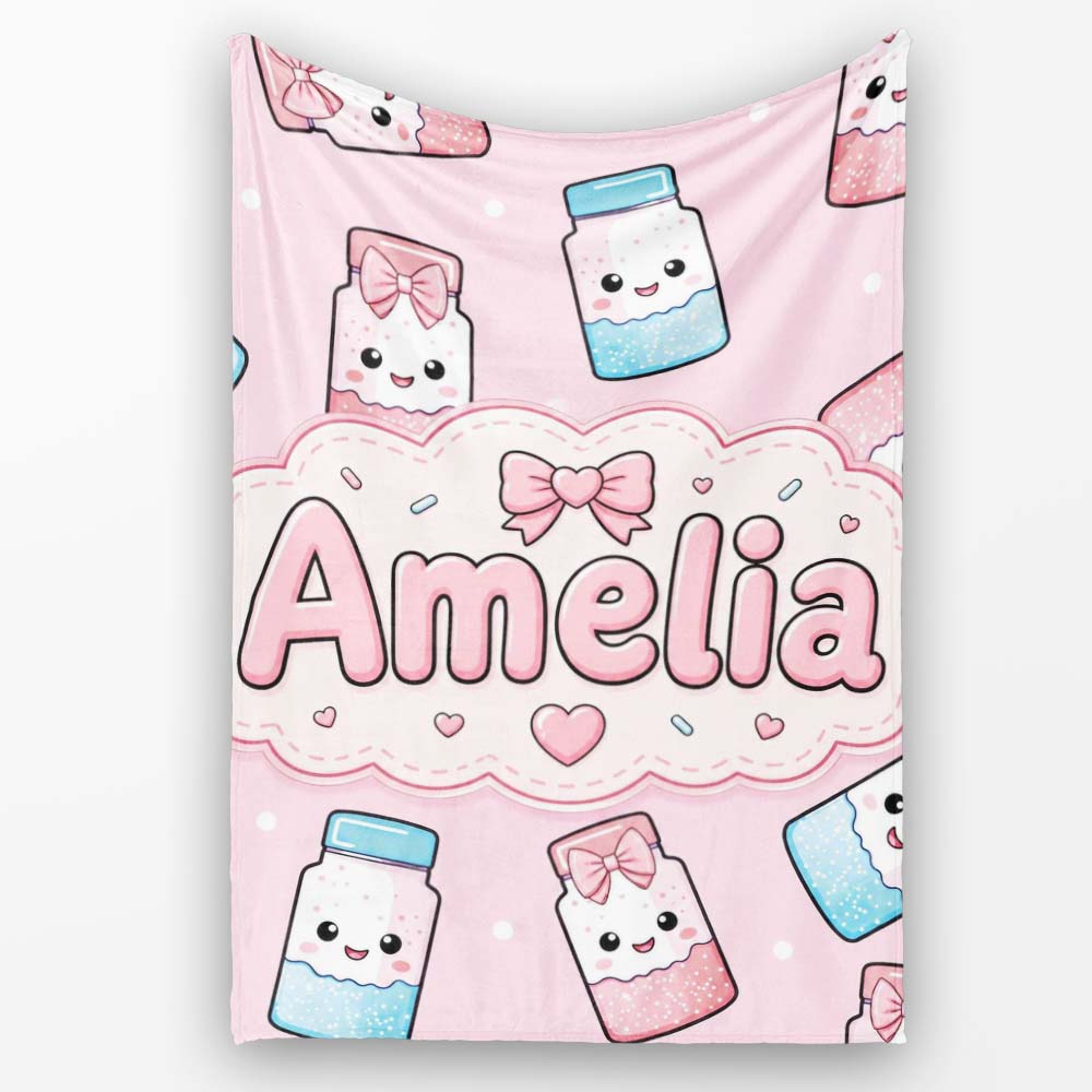 Cute Kawaii Sugar Jar Bottles with Glitter Sprinkles Blush Pink Personalised Custom Name Super Soft Fleece Blanket Bed Sofa Throw