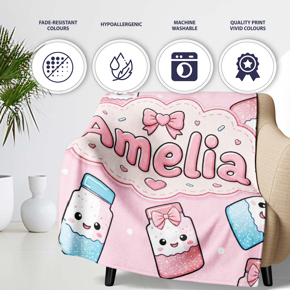 Cute Kawaii Sugar Jar Bottles with Glitter Sprinkles Blush Pink Personalised Custom Name Super Soft Fleece Blanket Bed Sofa Throw