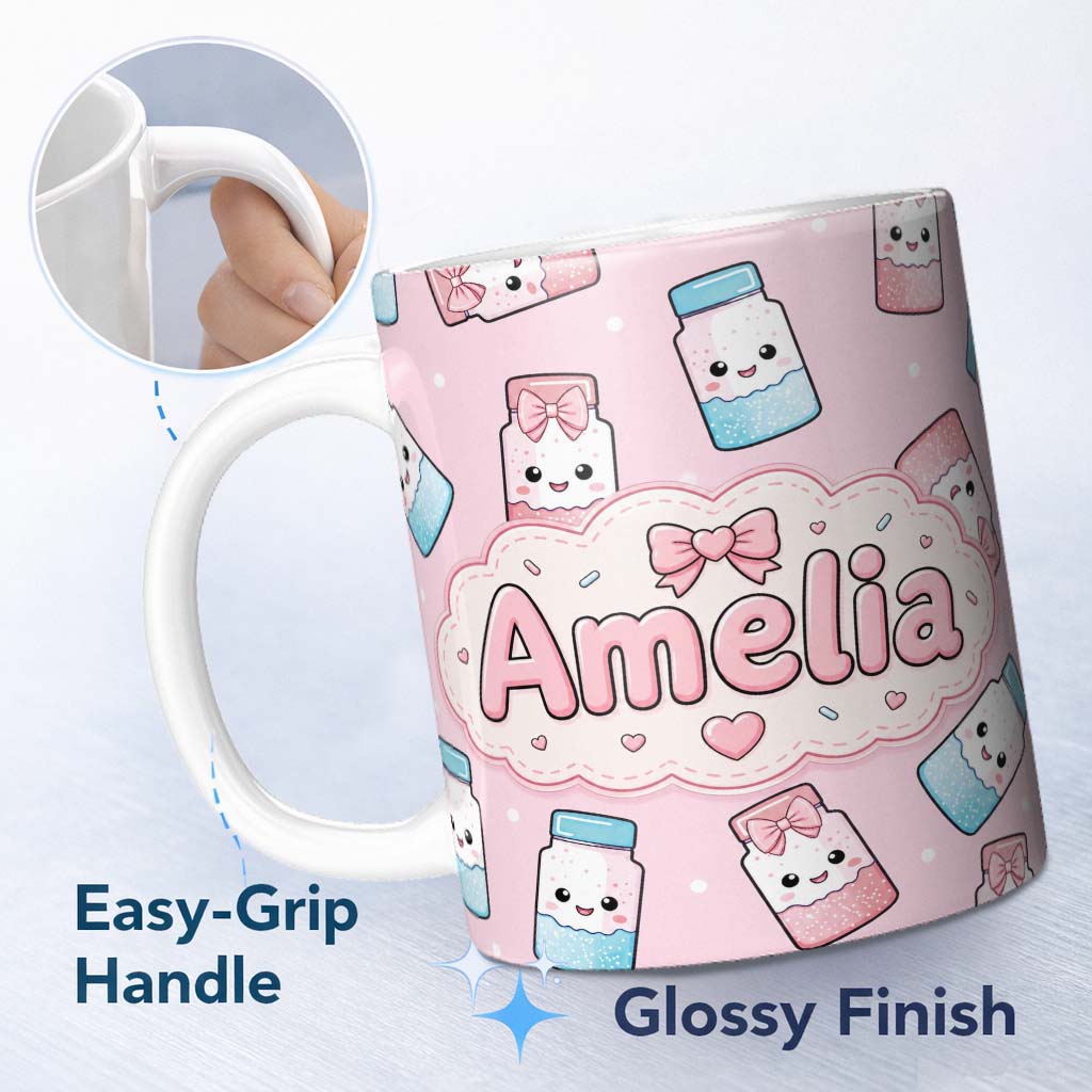 Personalized Custom Name Cute Kawaii Sugar Jar Bottles with Glitter Sprinkles Blush Pink 11oz Ceramic Coffee Tea Mug White Large Handle