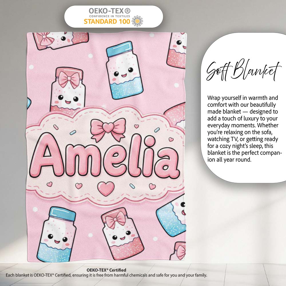 Cute Kawaii Sugar Jar Bottles with Glitter Sprinkles Blush Pink Personalised Custom Name Super Soft Fleece Blanket Bed Sofa Throw