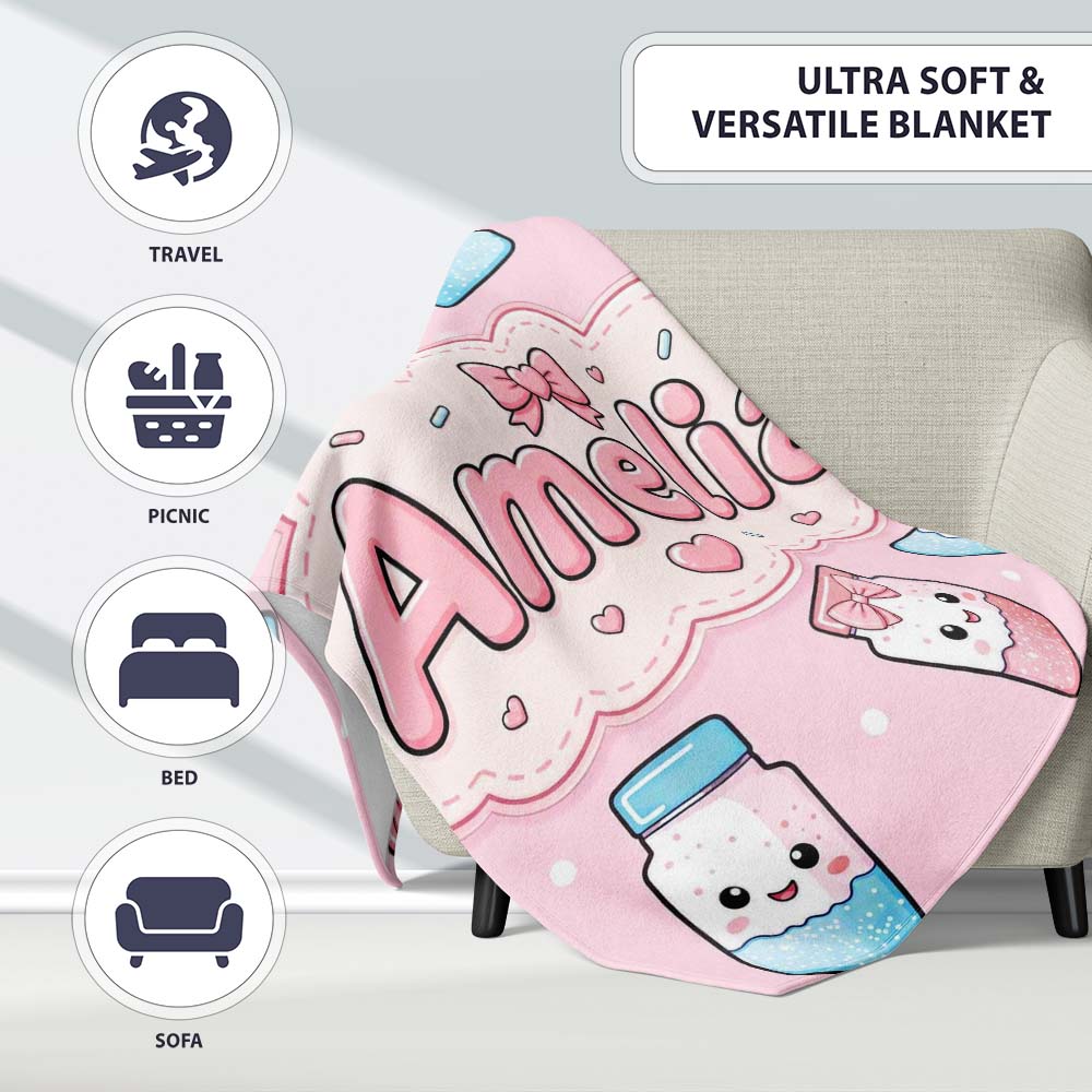 Cute Kawaii Sugar Jar Bottles with Glitter Sprinkles Blush Pink Personalised Custom Name Super Soft Fleece Blanket Bed Sofa Throw
