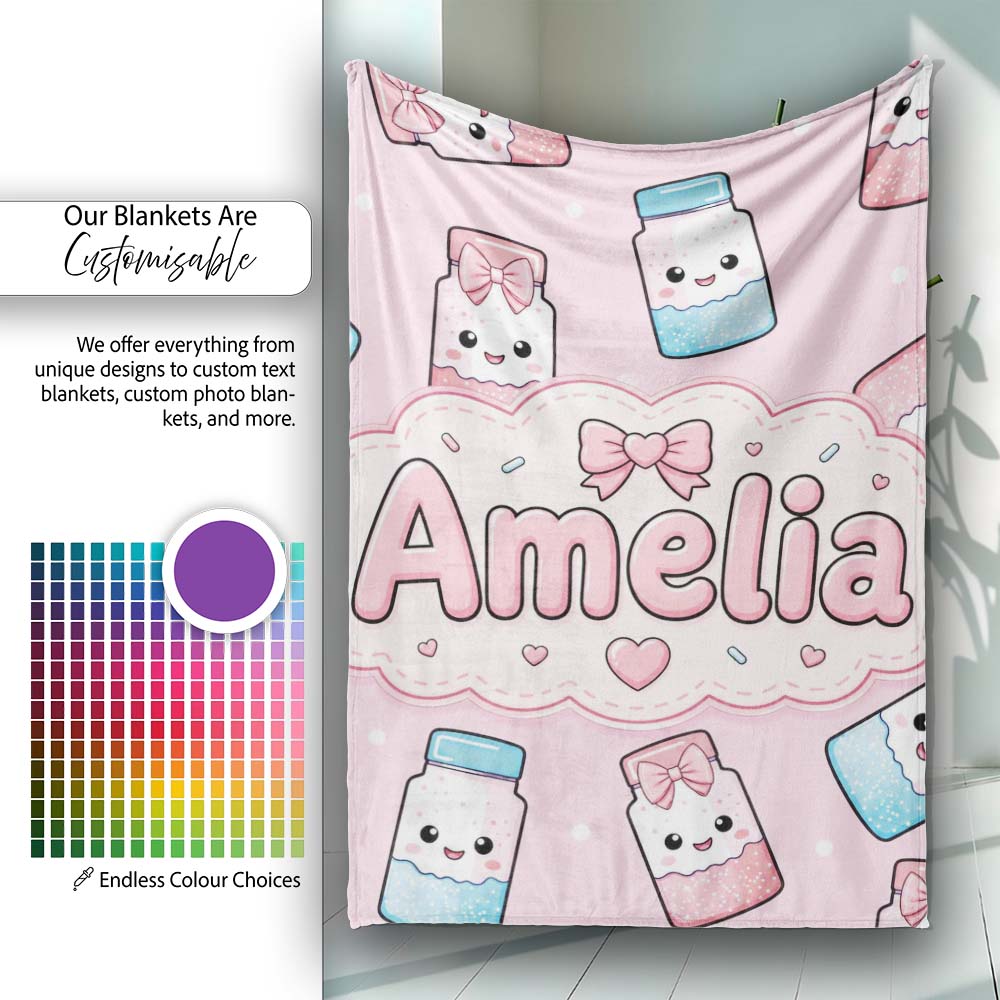Cute Kawaii Sugar Jar Bottles with Glitter Sprinkles Blush Pink Personalised Custom Name Super Soft Fleece Blanket Bed Sofa Throw