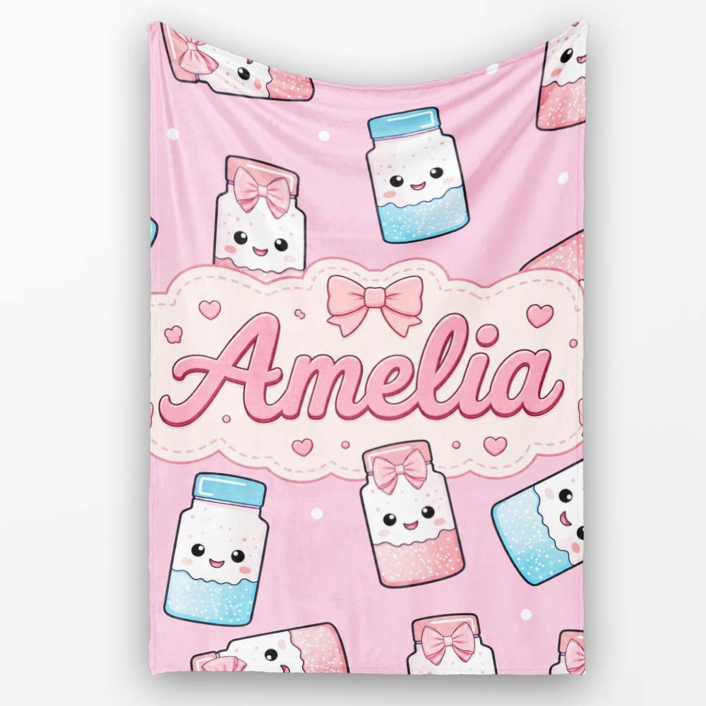 Cute Kawaii Sugar Jar Bottles with Glitter Sprinkles Pink Personalised Custom Name Super Soft Fleece Blanket Bed Sofa Throw