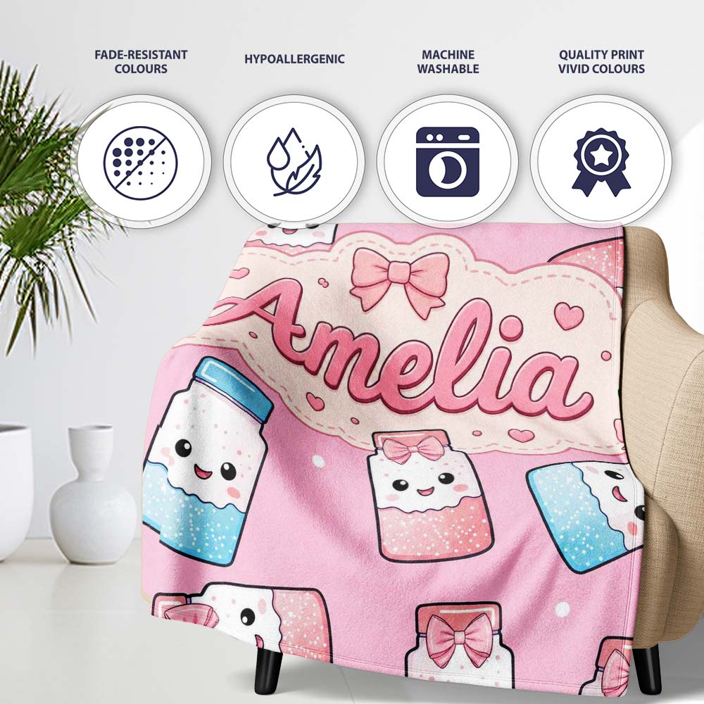 Cute Kawaii Sugar Jar Bottles with Glitter Sprinkles Pink Personalised Custom Name Super Soft Fleece Blanket Bed Sofa Throw