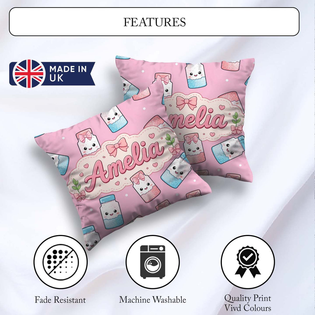Custom Name Kawaii Sugar Jar Bottles with Glitter Sprinkles Pink Square Filled Cushion Throw Pillow Sofa Bed Home Decor Zip Washable UK Made