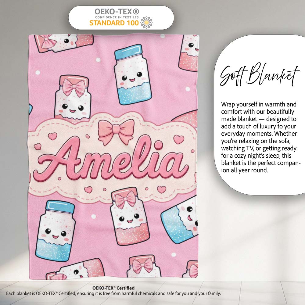 Cute Kawaii Sugar Jar Bottles with Glitter Sprinkles Pink Personalised Custom Name Super Soft Fleece Blanket Bed Sofa Throw