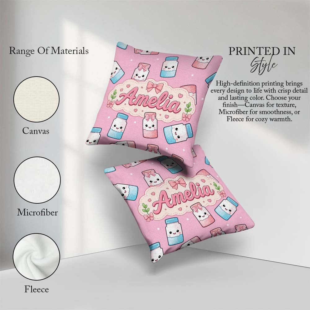 Custom Name Kawaii Sugar Jar Bottles with Glitter Sprinkles Pink Square Filled Cushion Throw Pillow Sofa Bed Home Decor Zip Washable UK Made