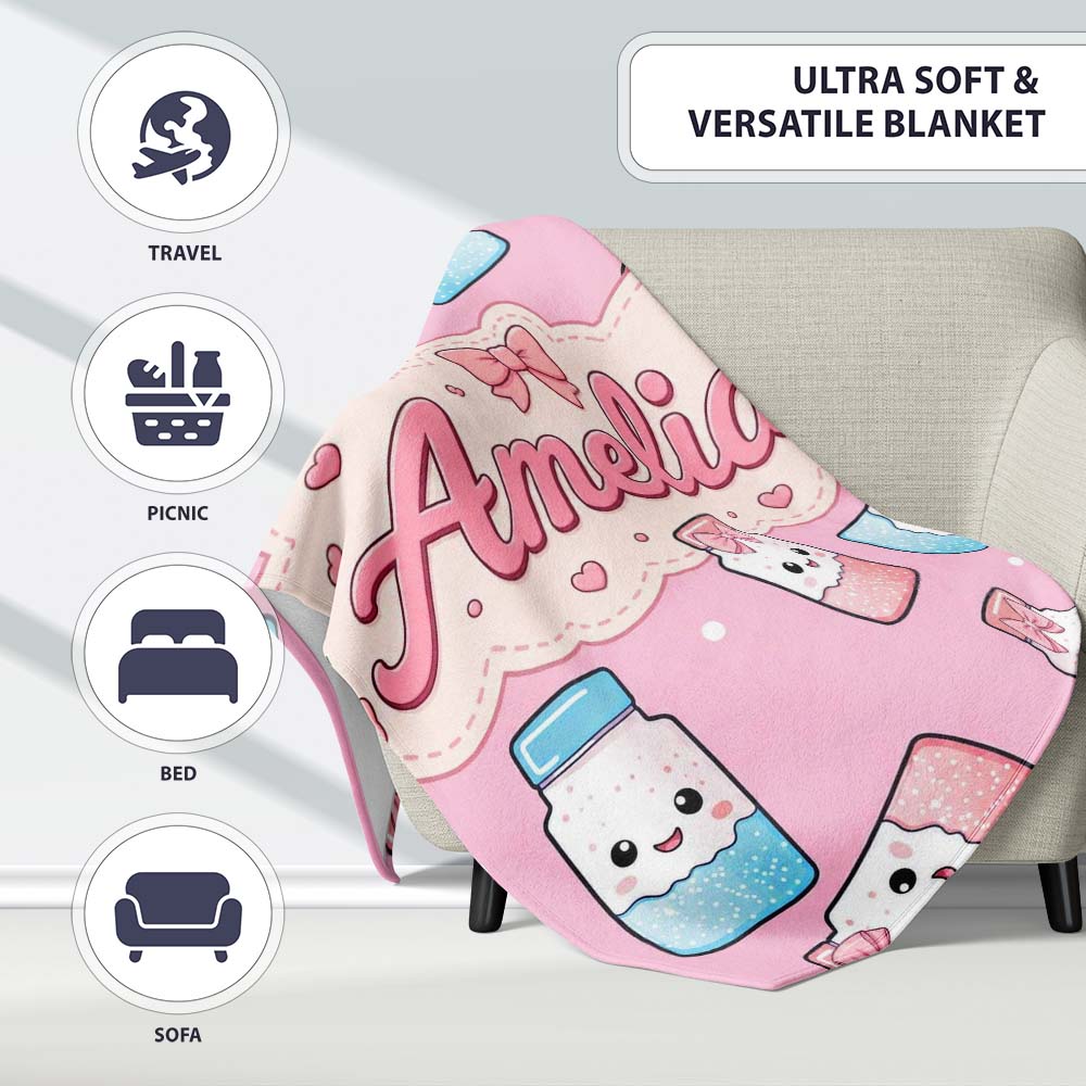 Cute Kawaii Sugar Jar Bottles with Glitter Sprinkles Pink Personalised Custom Name Super Soft Fleece Blanket Bed Sofa Throw