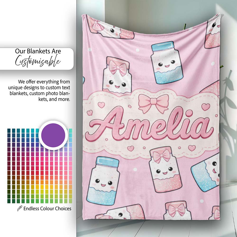 Cute Kawaii Sugar Jar Bottles with Glitter Sprinkles Pink Personalised Custom Name Super Soft Fleece Blanket Bed Sofa Throw