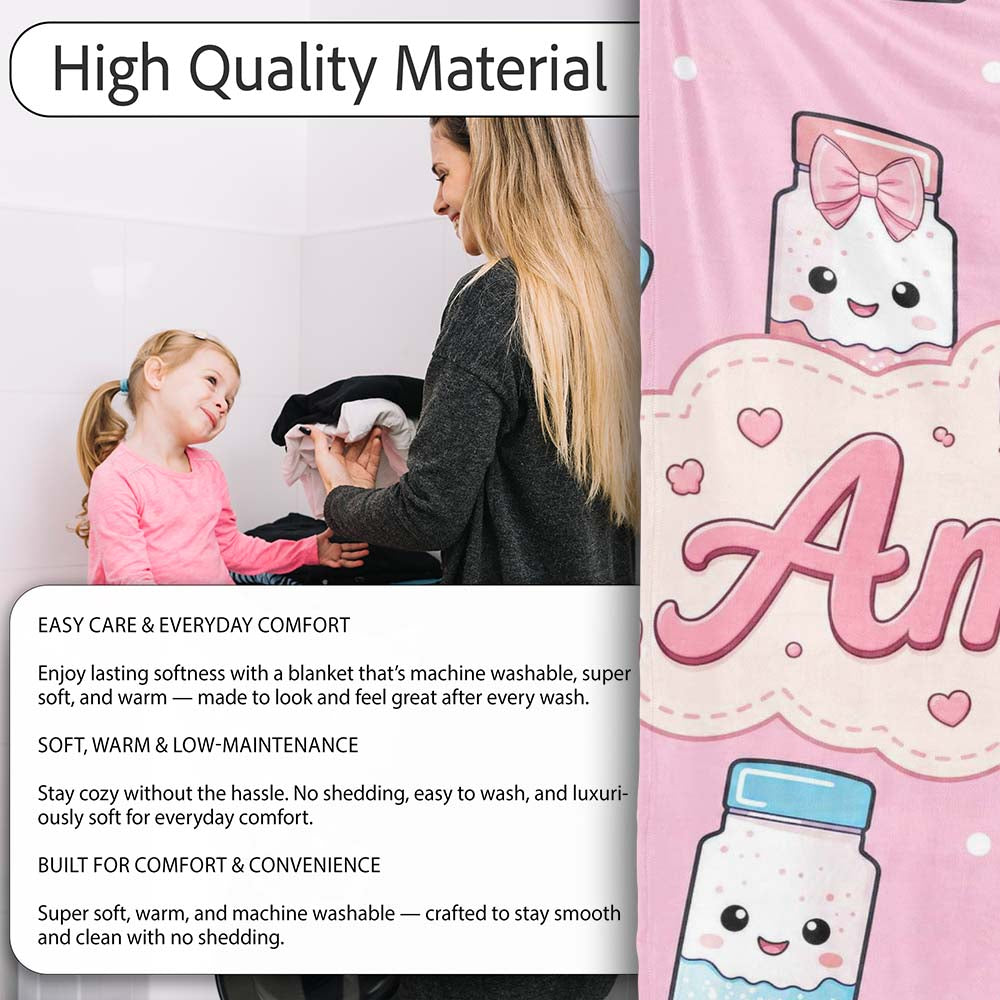 Cute Kawaii Sugar Jar Bottles with Glitter Sprinkles Pink Personalised Custom Name Super Soft Fleece Blanket Bed Sofa Throw