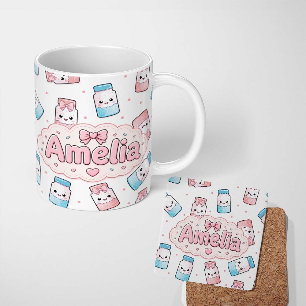 Personalized Custom Name Cute Kawaii Sugar Jar Bottles with Glitter Sprinkles Grey 11oz Ceramic Coffee Tea Mug White Large Handle