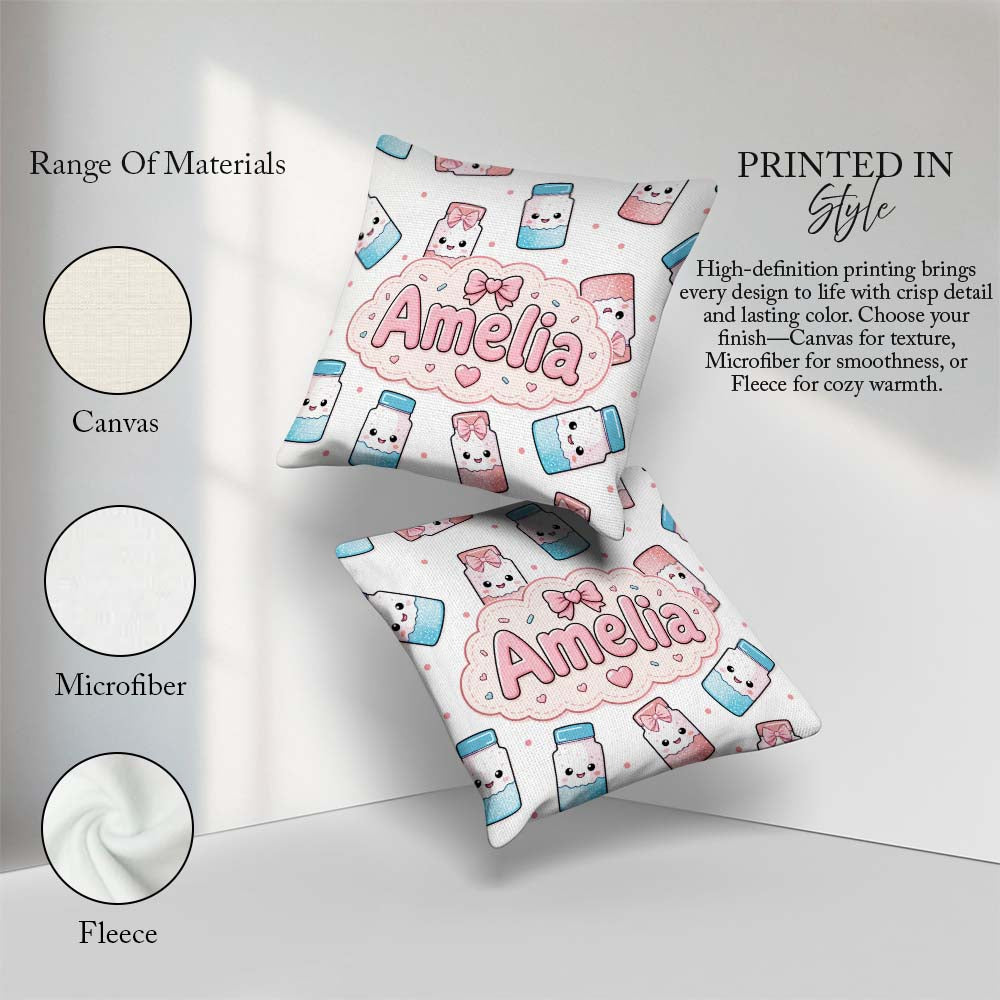 Custom Name Kawaii Sugar Jar Bottles with Glitter Sprinkles Grey Square Filled Cushion Throw Pillow Sofa Bed Home Decor Zip Washable UK Made