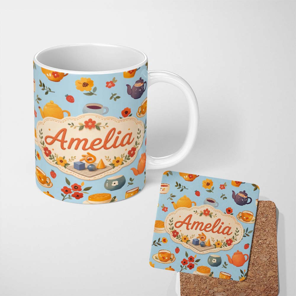 Personalized Custom Name Cute Vintage Teapot Floral Tea Cups Strawberry Garden Blue 11oz Ceramic Coffee Tea Mug White Large Handle