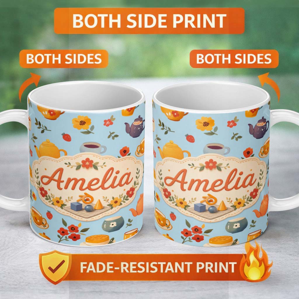 Personalized Custom Name Cute Vintage Teapot Floral Tea Cups Strawberry Garden Blue 11oz Ceramic Coffee Tea Mug White Large Handle
