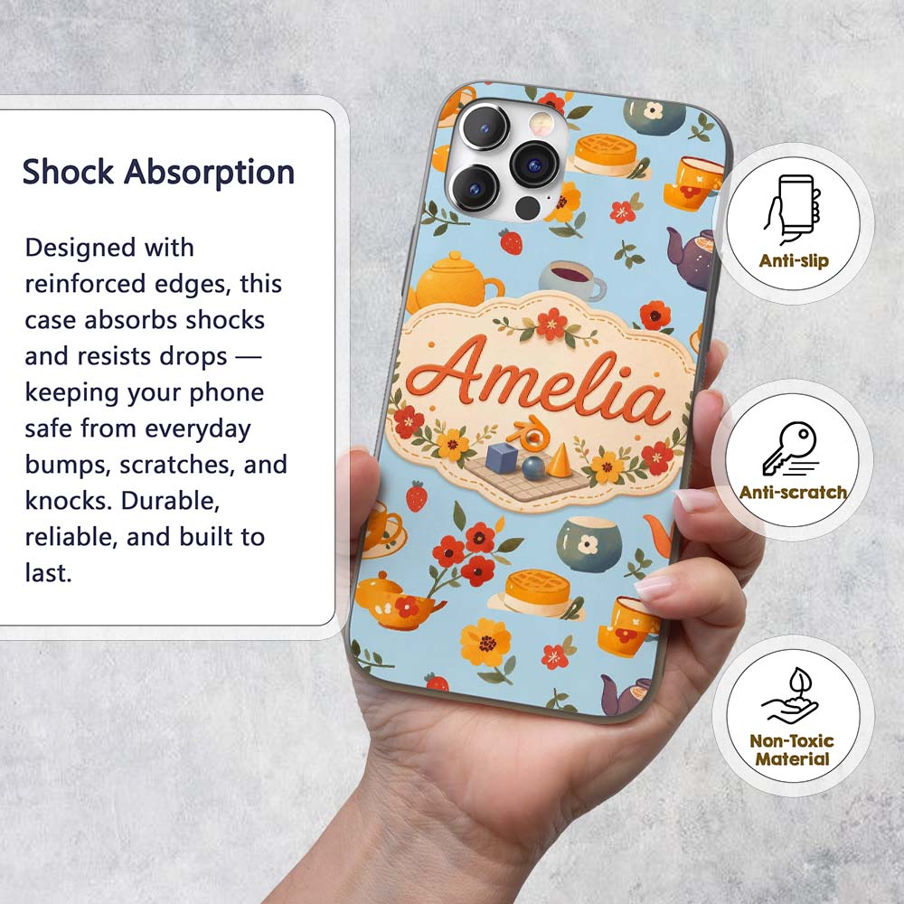 Cute Vintage Teapot Floral Tea Cups Strawberry Custom Name Protective Phone Case Mobile Cover Durable Everyday Smartphone Shock Resistant