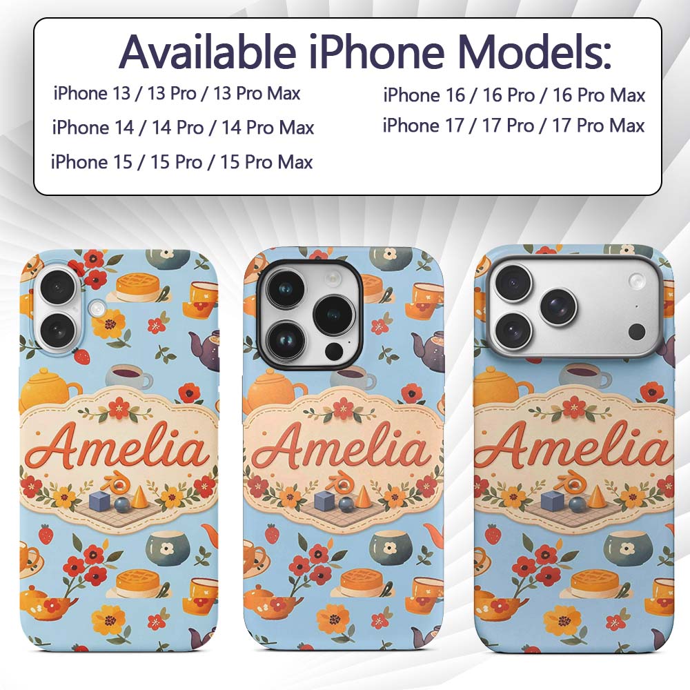 Cute Vintage Teapot Floral Tea Cups Strawberry Custom Name Protective Phone Case Mobile Cover Durable Everyday Smartphone Shock Resistant