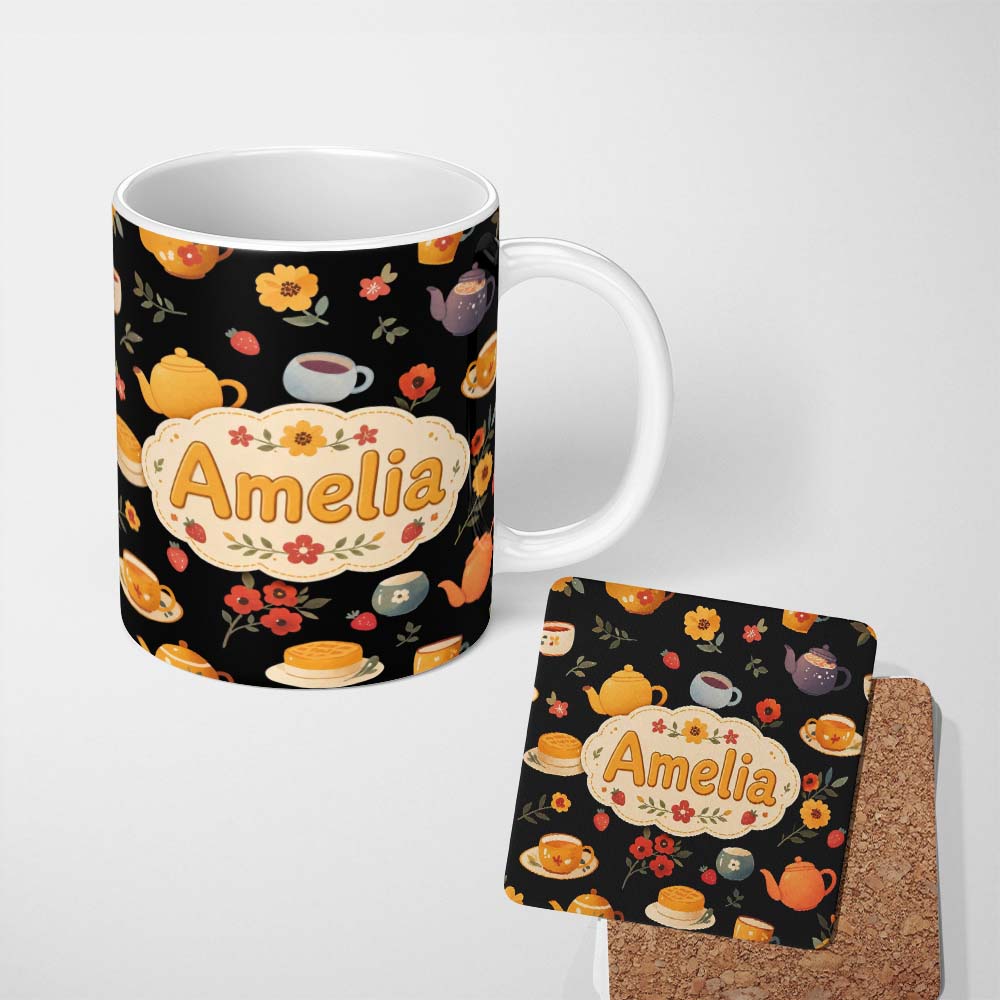 Personalized Custom Name Cute Vintage Teapot Floral Tea Cups Strawberry Garden Black 11oz Ceramic Coffee Tea Mug White Large Handle
