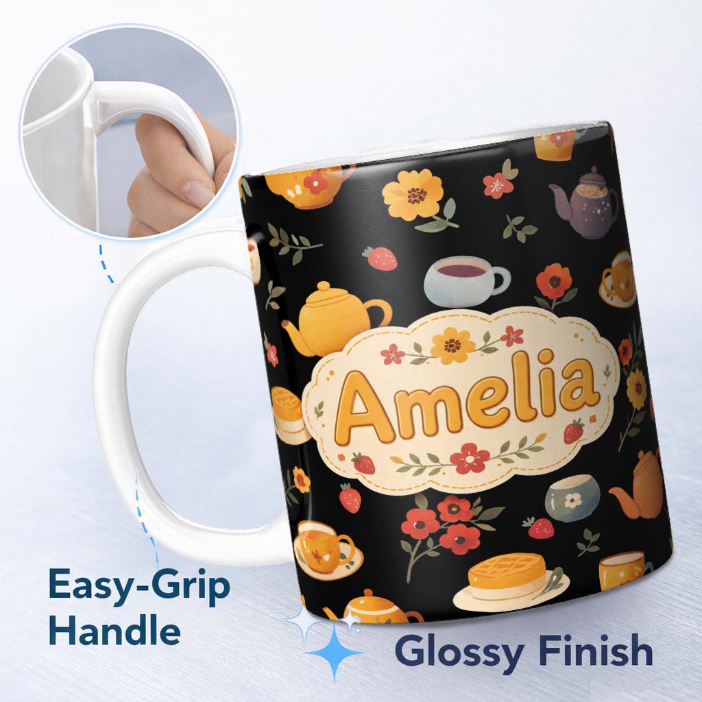 Personalized Custom Name Cute Vintage Teapot Floral Tea Cups Strawberry Garden Black 11oz Ceramic Coffee Tea Mug White Large Handle