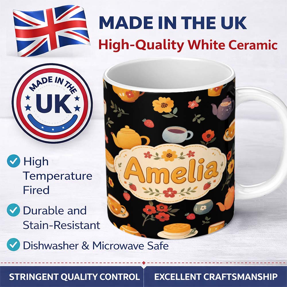 Personalized Custom Name Cute Vintage Teapot Floral Tea Cups Strawberry Garden Black 11oz Ceramic Coffee Tea Mug White Large Handle