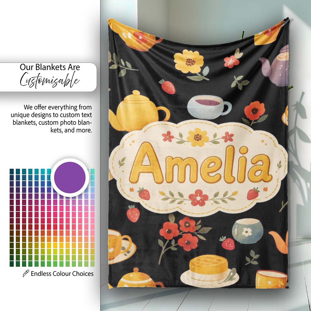Cute Vintage Teapot Floral Tea Cups Strawberry Garden Black Personalised Custom Name Super Soft Fleece Blanket Bed Sofa Throw