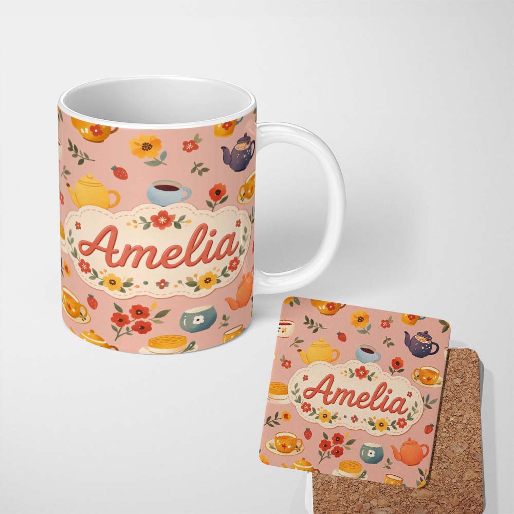 Personalized Custom Name Cute Vintage Teapot Floral Tea Cups Strawberry Garden Peach 11oz Ceramic Coffee Tea Mug White Large Handle